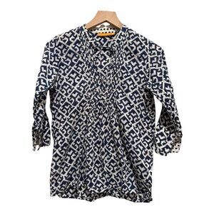 Oliphant Navy White Block Print Cotton Tunic Top V-Neck Size S